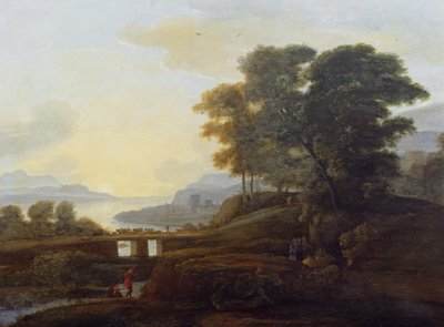 Landschap met vee en geiten die een brug oversteken door Claude Lorrain